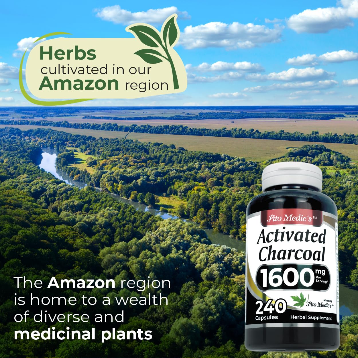 Etiqueta de Fito Medic's Lab carbón activado destacando el formato
