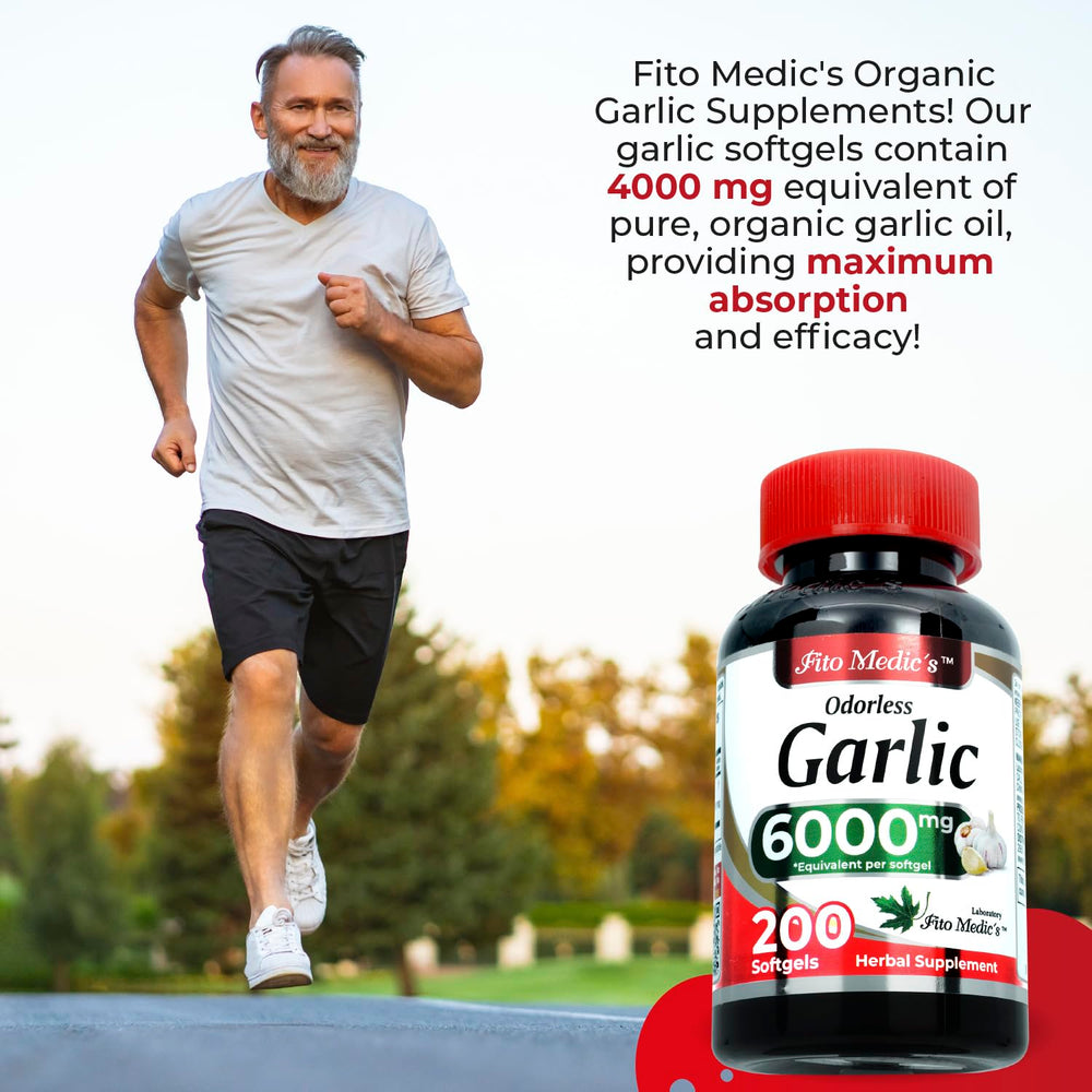 Non-GMO and gluten-free icons on FITO MEDIC'S garlic softgels.