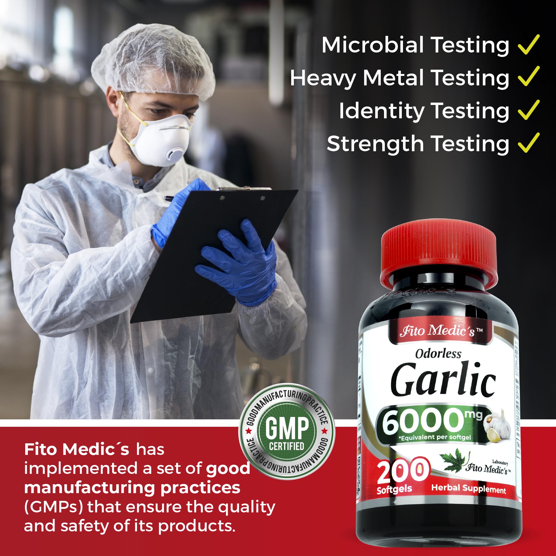 200-count supply displayed for FITO MEDIC'S garlic odorless softgels.