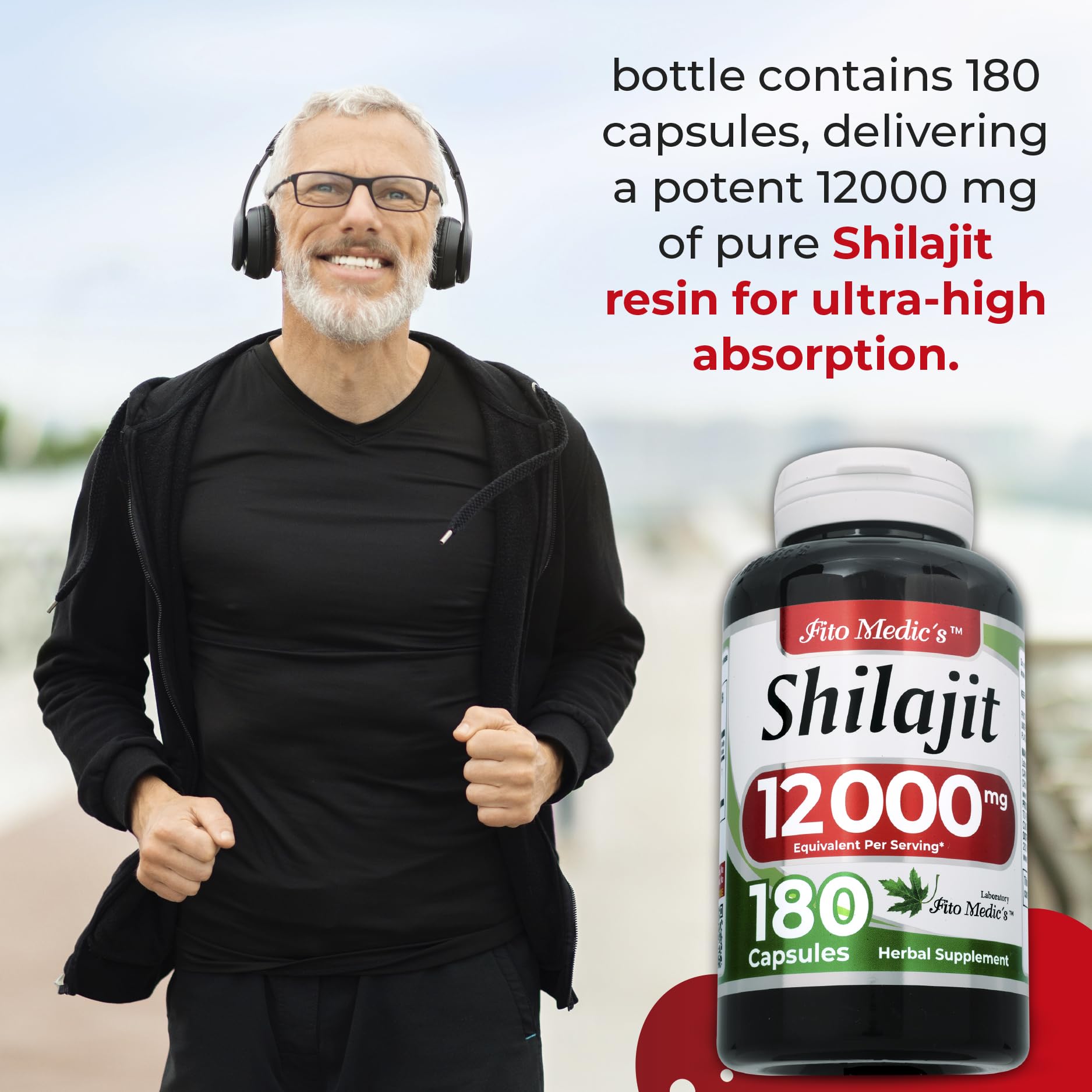 FITO MEDIC'S Shilajit Capsules 180-count label showcases ultra-high absorption potential.
