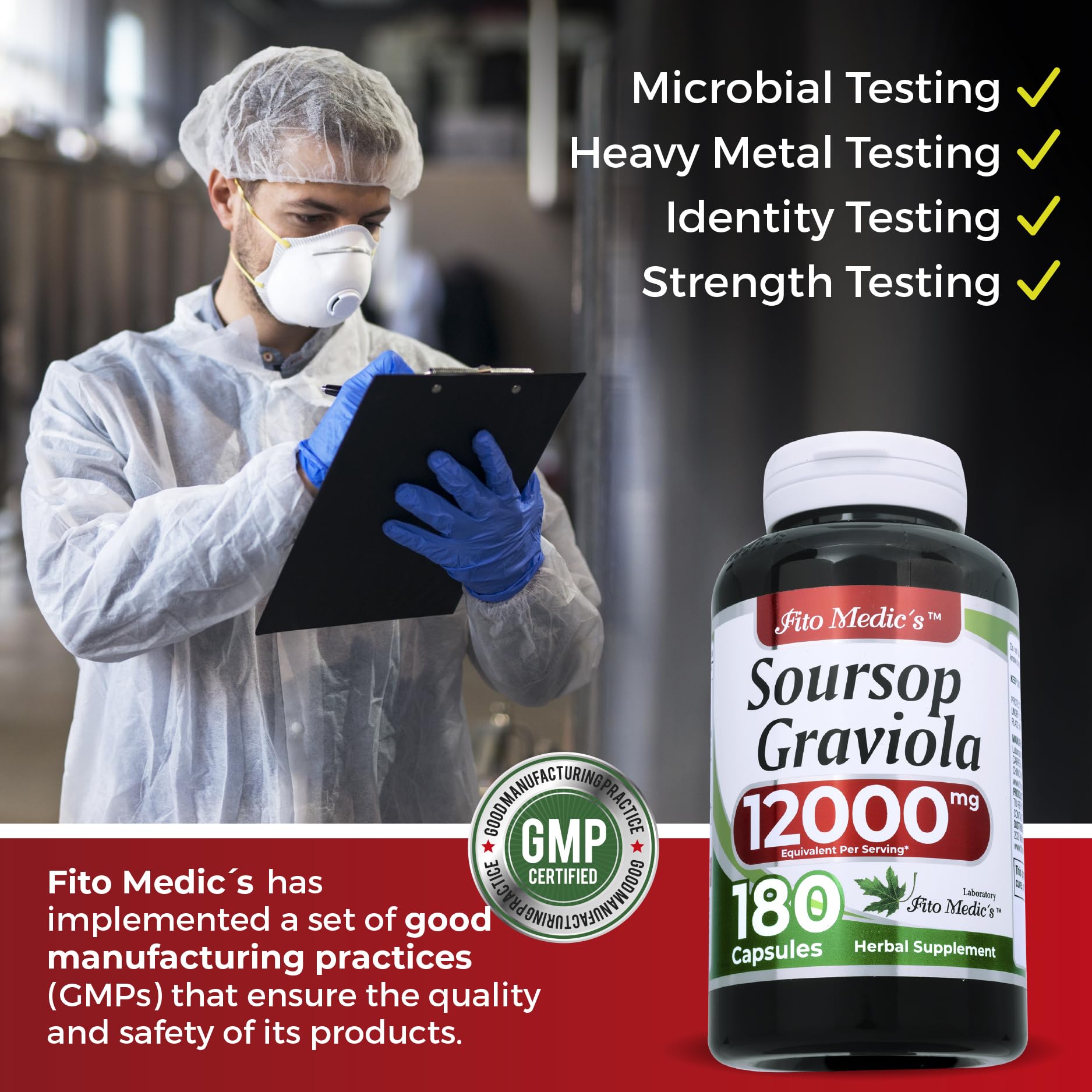 Envase de cápsulas FITO MEDIC'S Soursop para consumo cómodo.