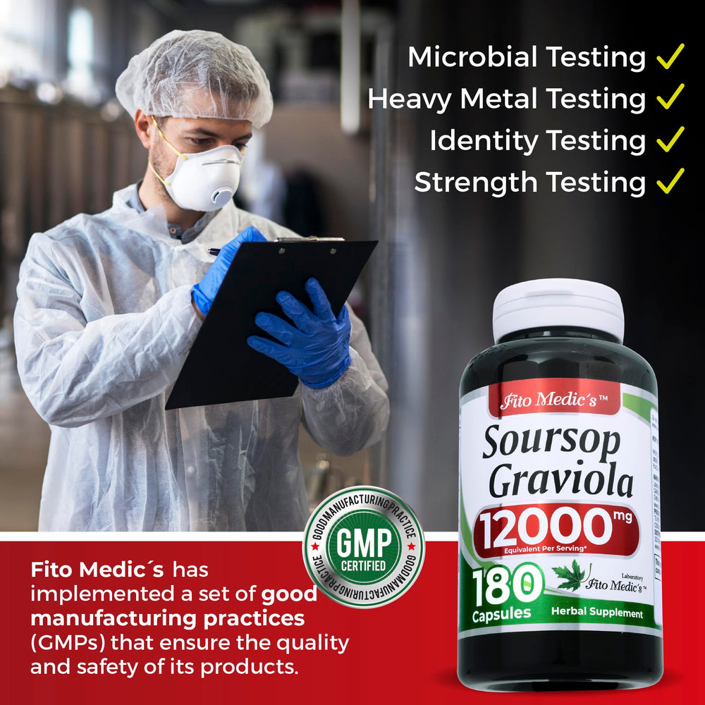 Envase de cápsulas FITO MEDIC'S Soursop para consumo cómodo.