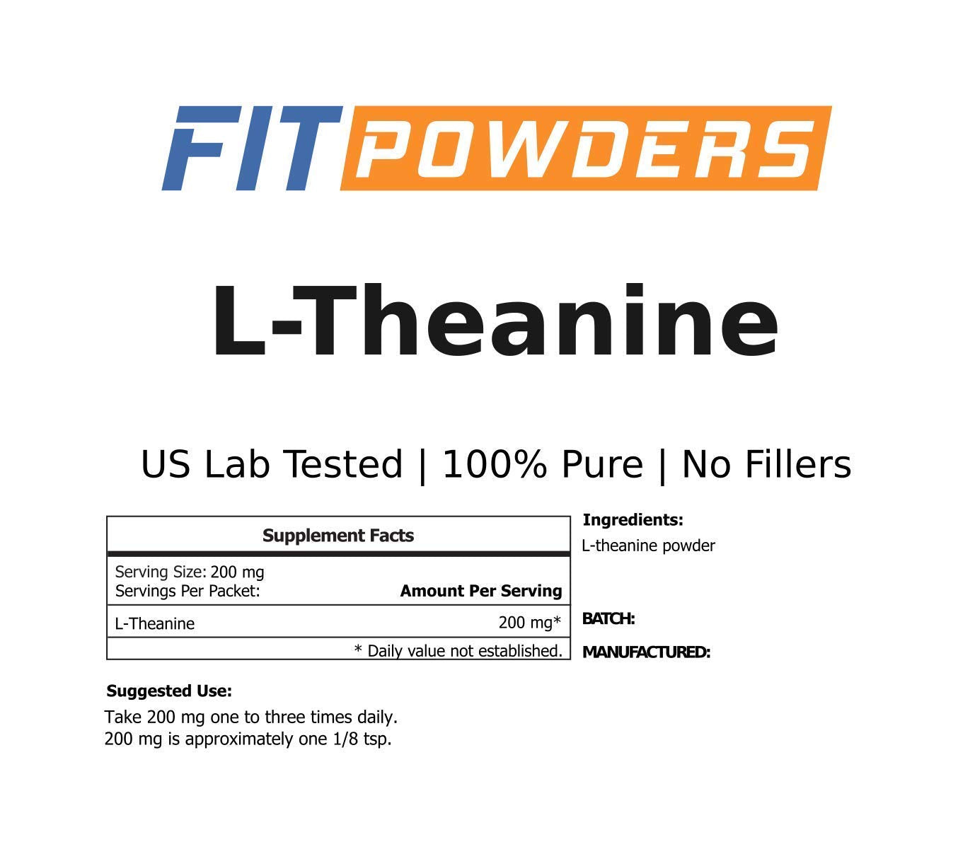 Clear glass jar of L-Theanine powder showing purity and vegan formula.