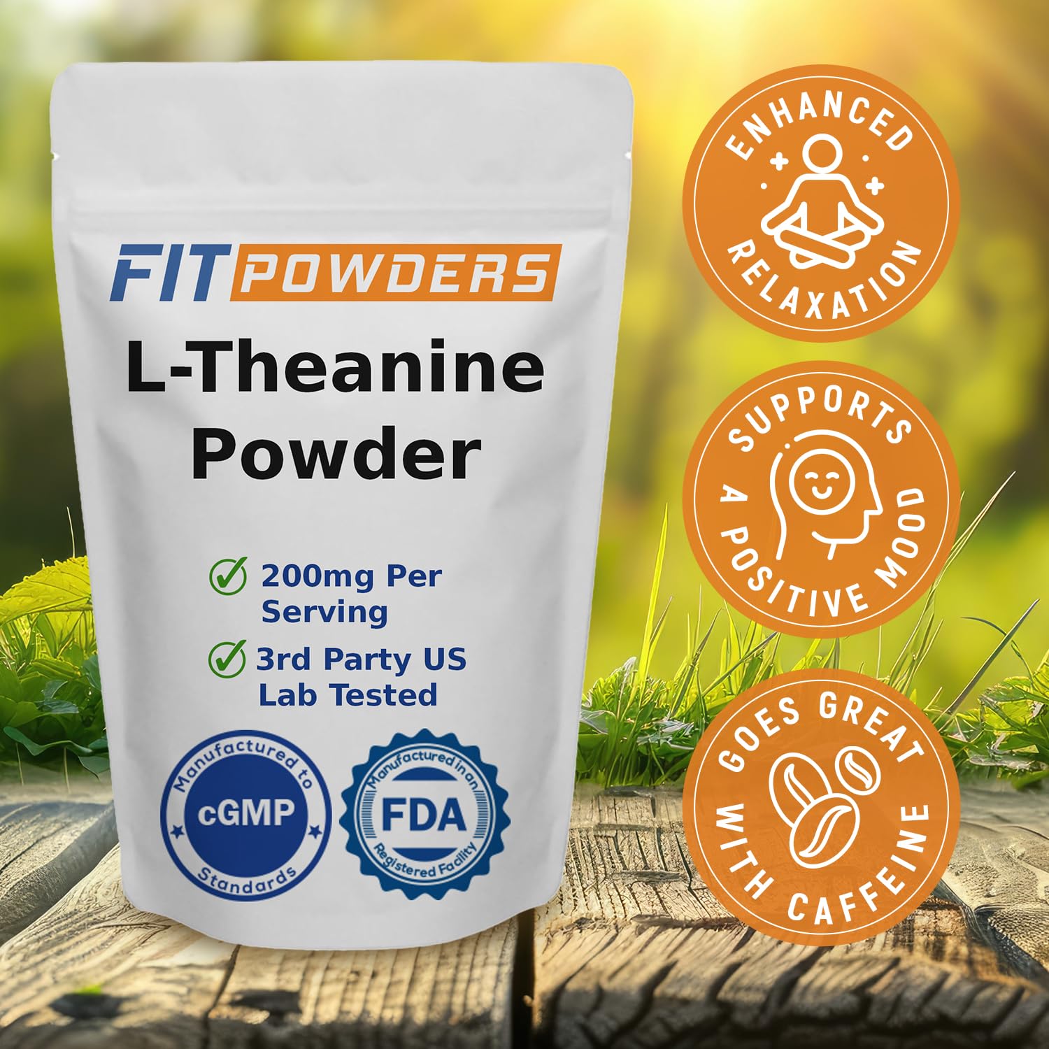 Included scoop with L-Theanine powder measuring 200 mg.