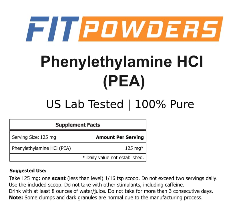 Label on FitPowders PEA highlights the HCl form and purity.