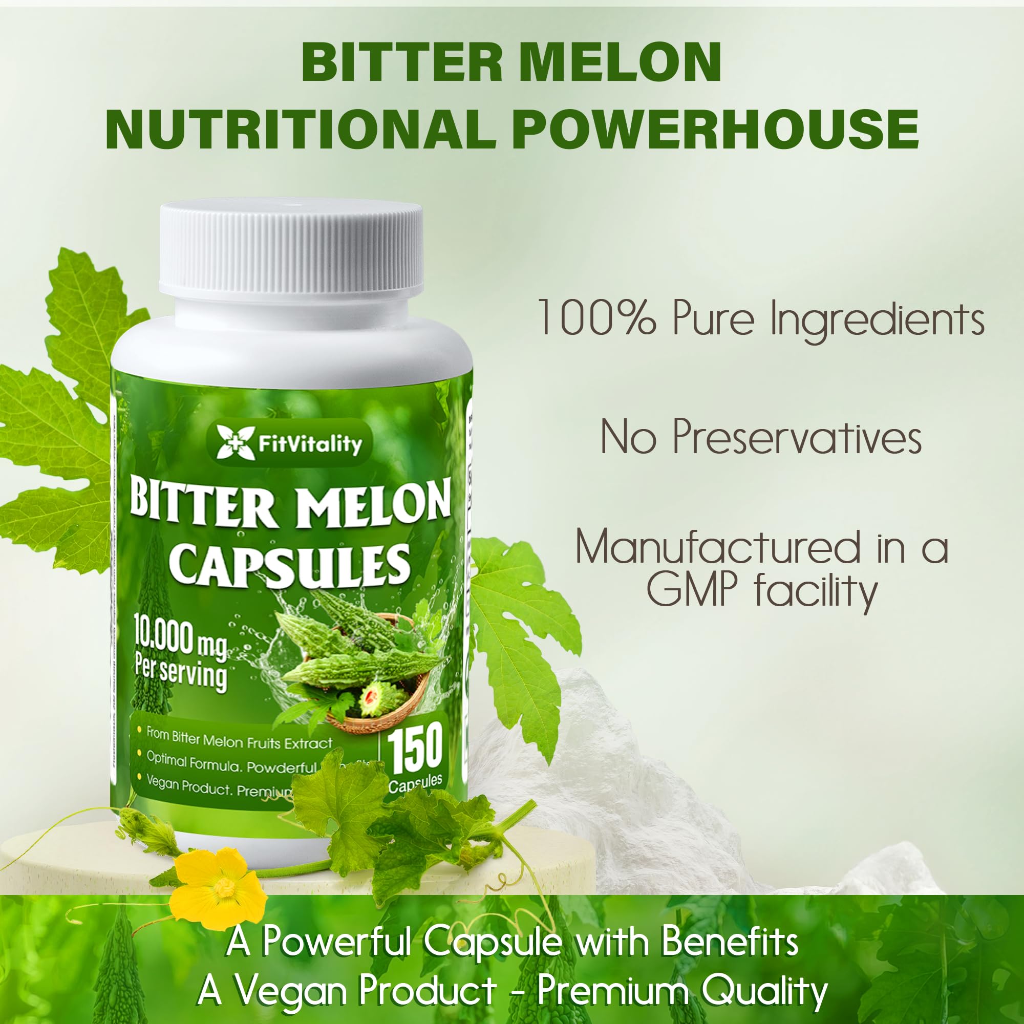 FitVitality Bitter Melon label shows vegan and gluten-free status
