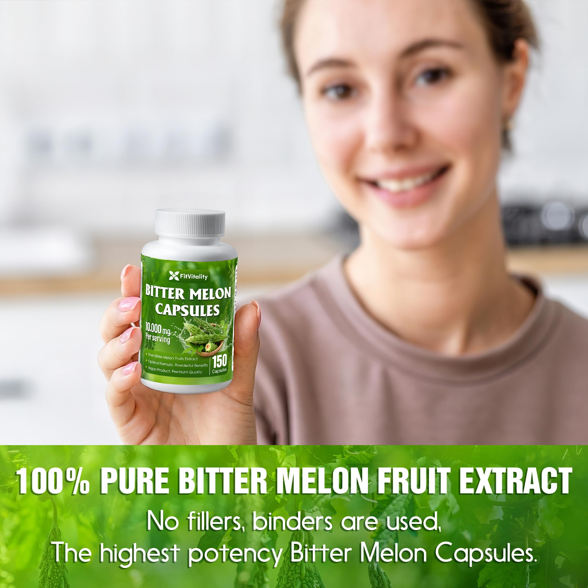 FitVitality Bitter Melon Capsules bottle on kitchen counter for routine