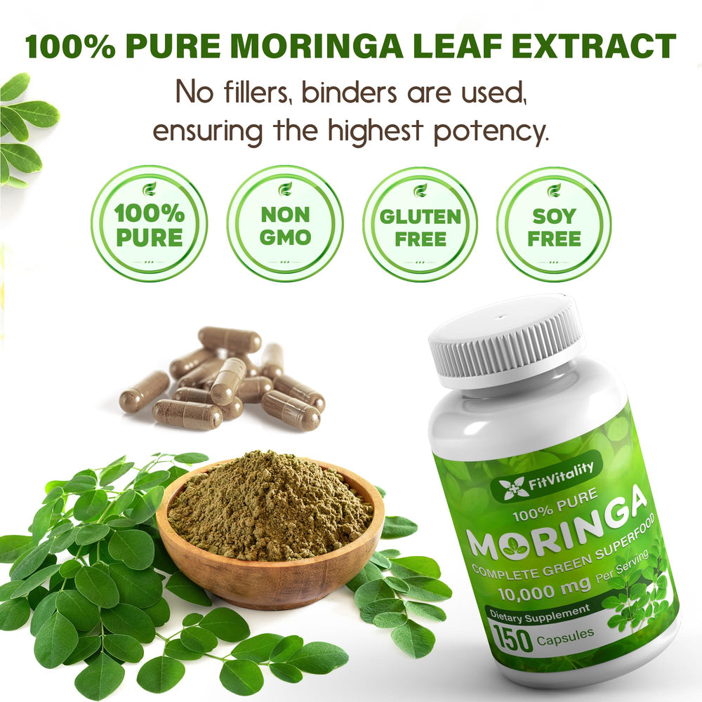 FitVitality Moringa capsules label close-up showing purity