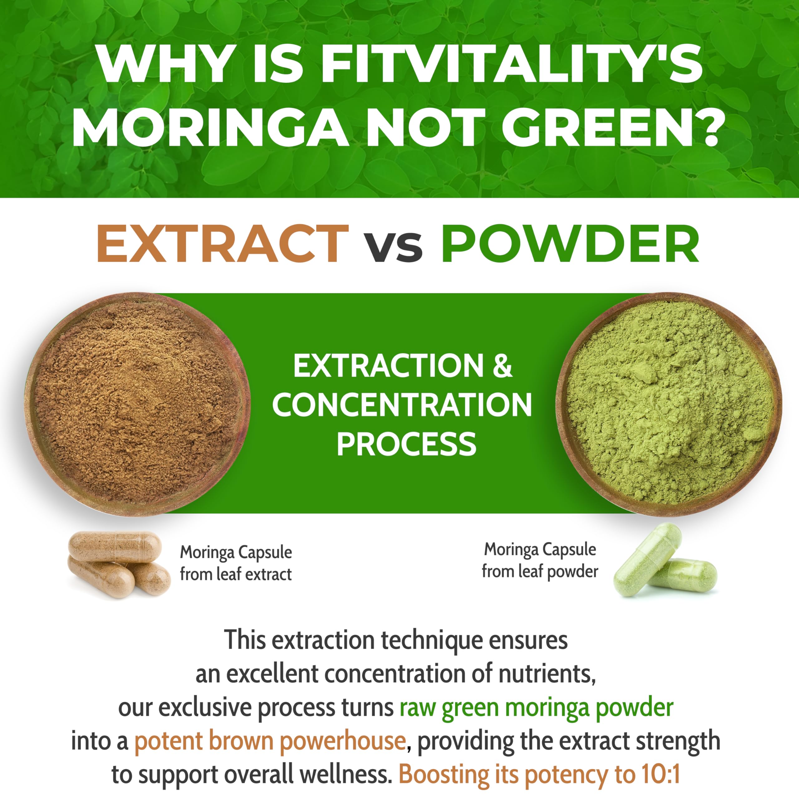 FitVitality Moringa capsules being poured into a glass