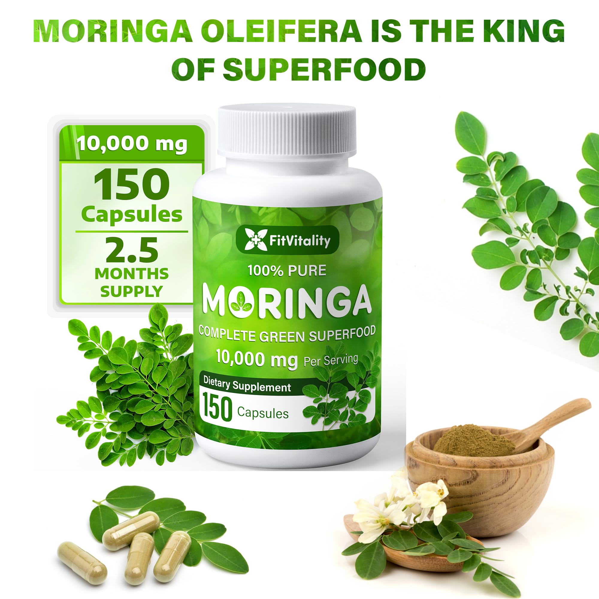 FitVitality Moringa capsules beside a glass of water