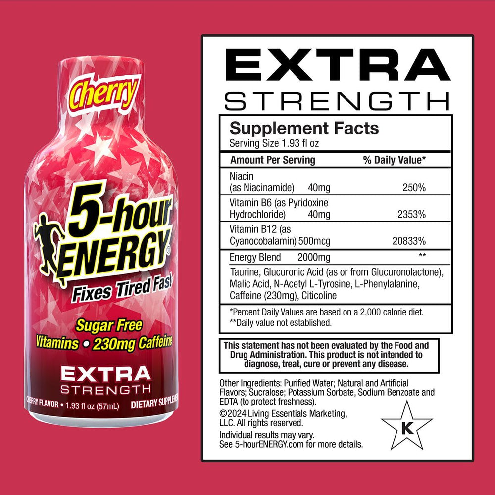 Five-hour ENERGY Cherry Shot bottle pour shows fast caffeine for mornings and travel.