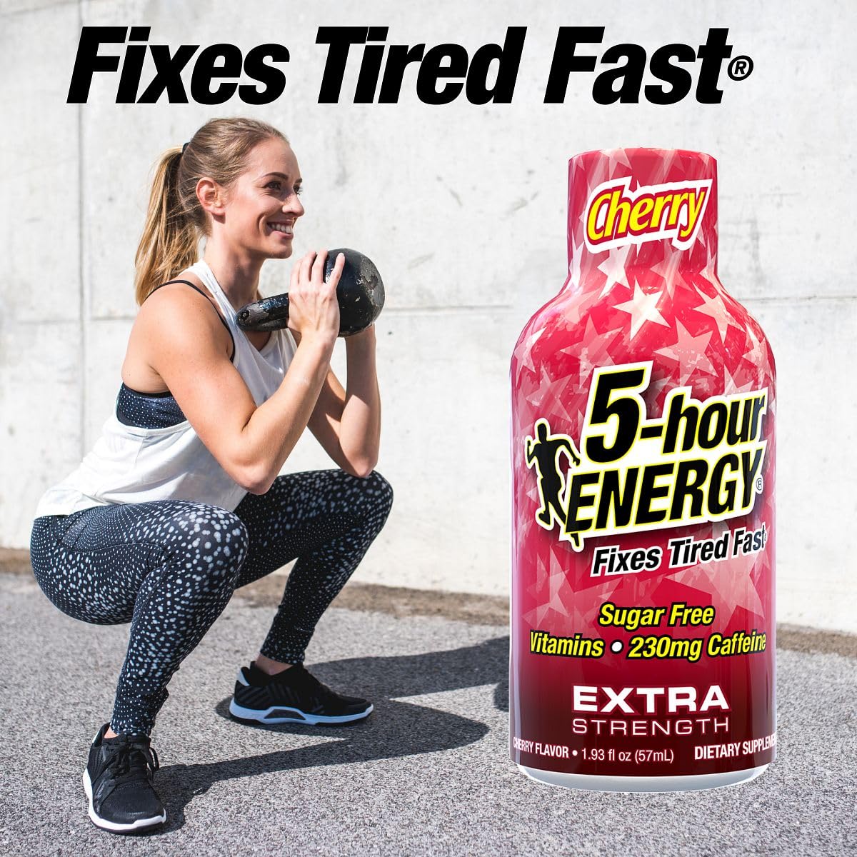 Five-hour ENERGY Extra Strength Cherry Shot label close-up highlighting bold flavor.