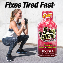 Five-hour ENERGY Extra Strength Cherry Shot label close-up highlighting bold flavor.