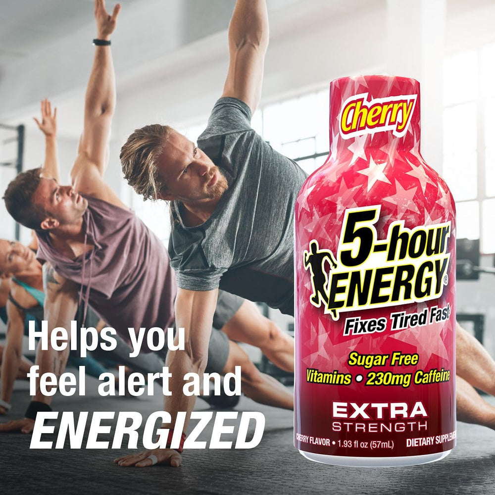 Five-hour ENERGY Cherry Shot packaging display with single-flavor 30-count box.