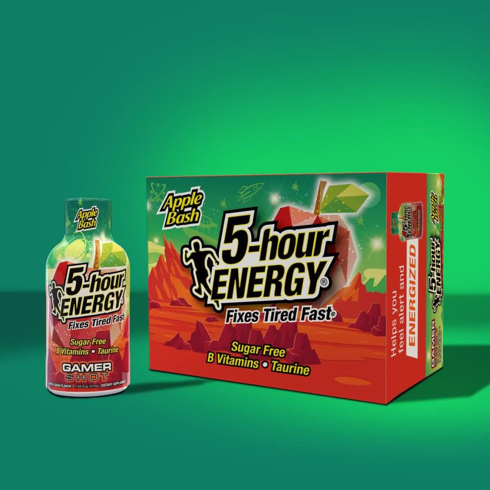 Five-hour Energy extra-strength gamer Apple Bash shot bottle shows portable energy on-the-go.