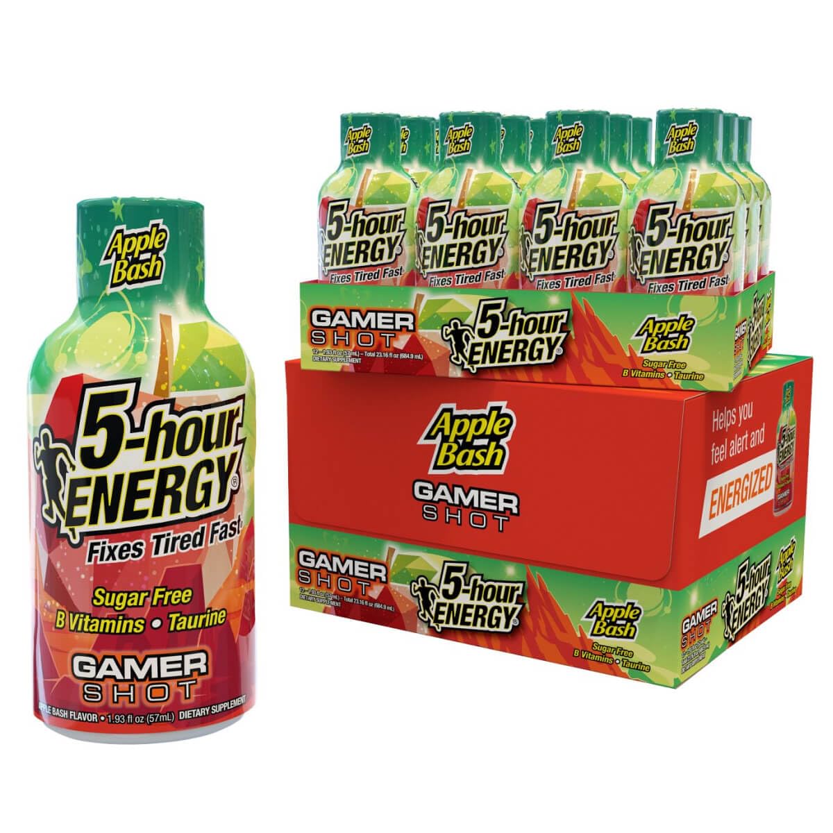 Five-hour Energy extra-strength gamer Apple Bash shot pack promotes sustained focus.