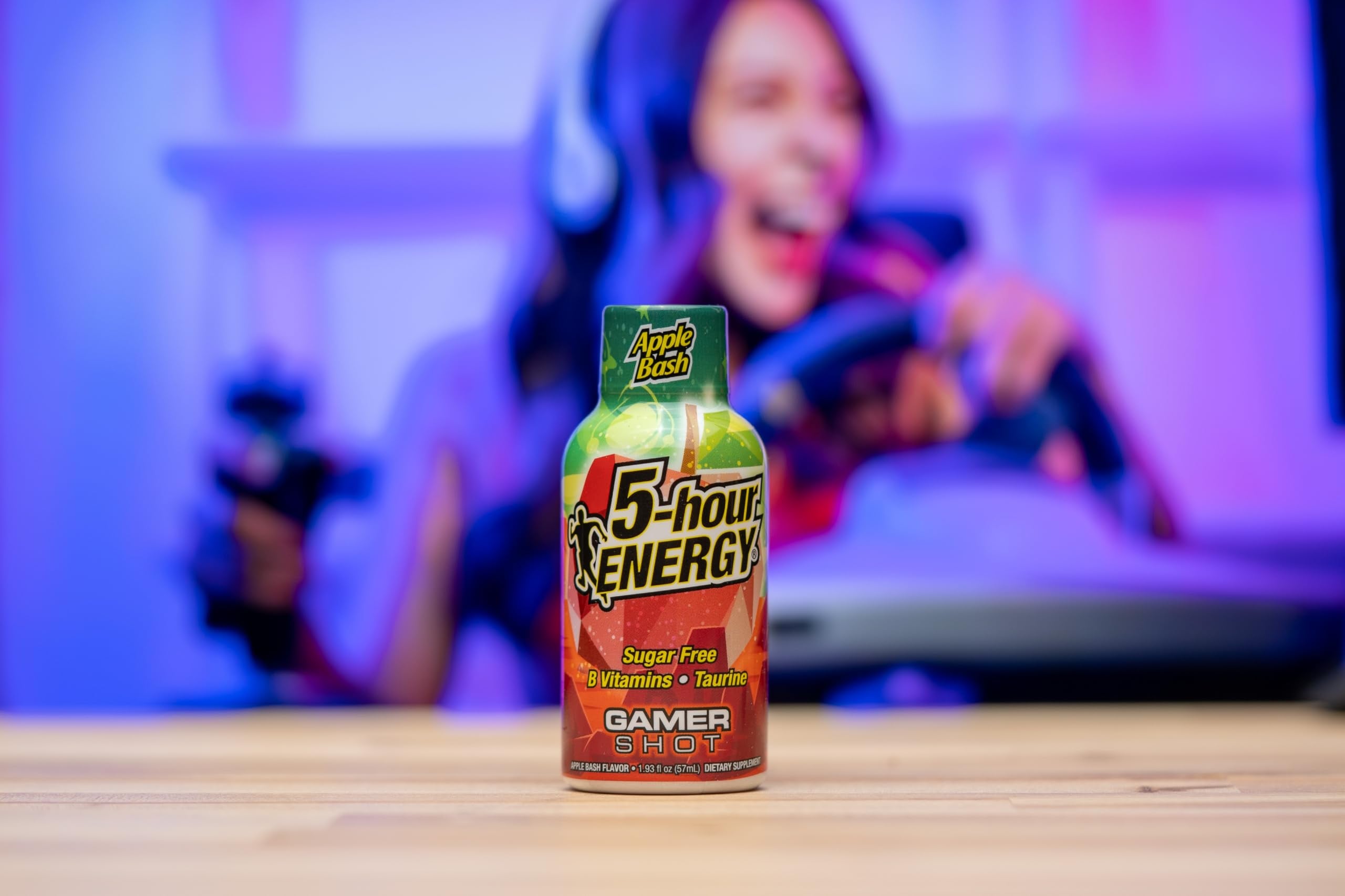 Five-hour Energy gamer Apple Bash shot on desk for study or gaming sessions.