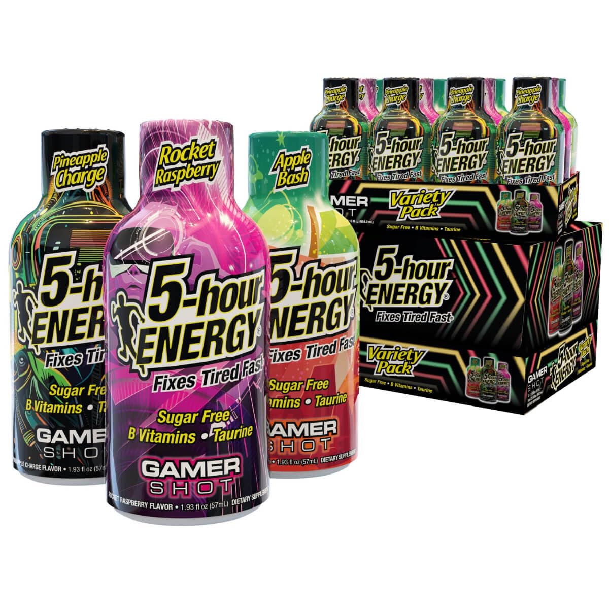 5-hour ENERGY Gamer Shots Apple Bash bottle boosts focus during long gaming sessions.