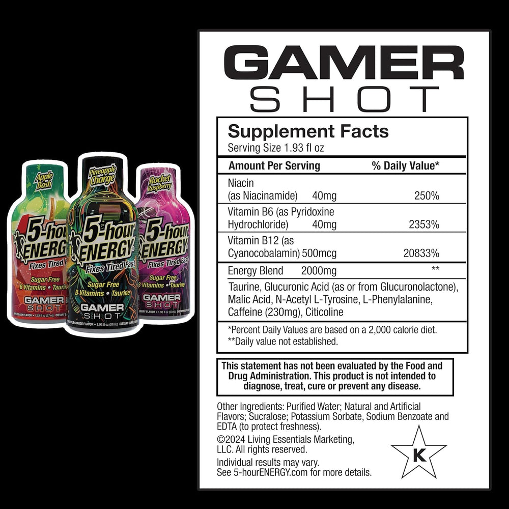 5-hour ENERGY Gamer Shots Rocket Raspberry bottle provides a compact gaming energy boost.