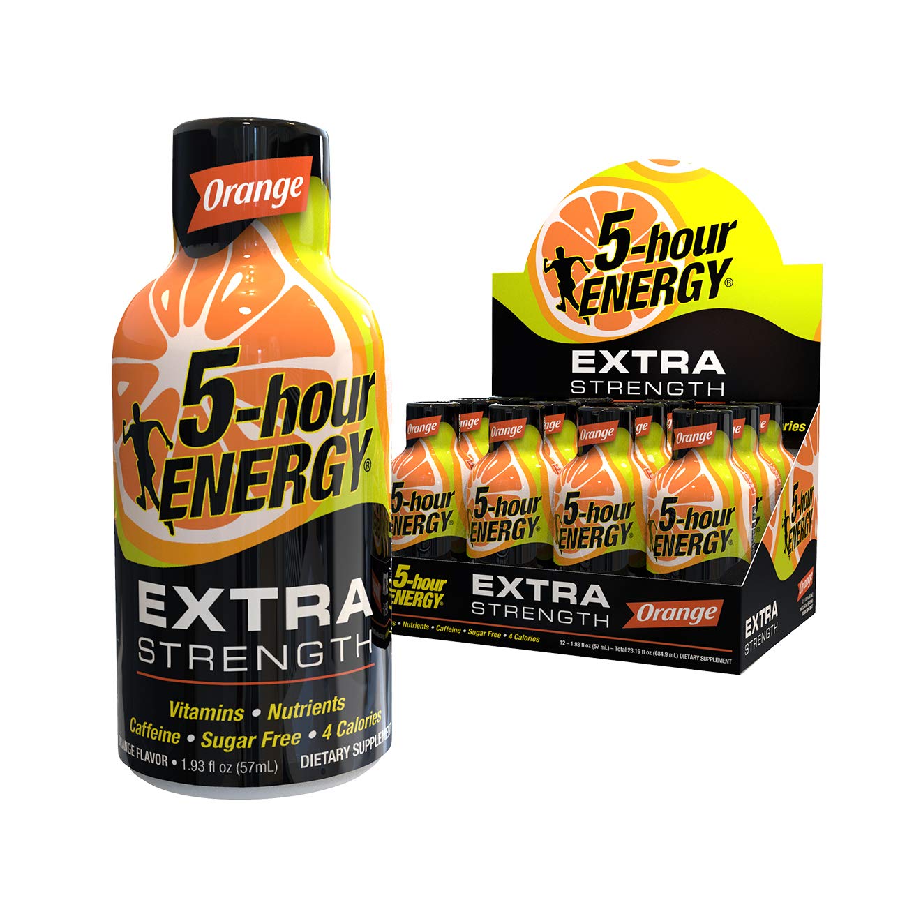 Five-hour ENERGY Orange Shot bottle-front shows a quick, sugar-free energy boost on the go.