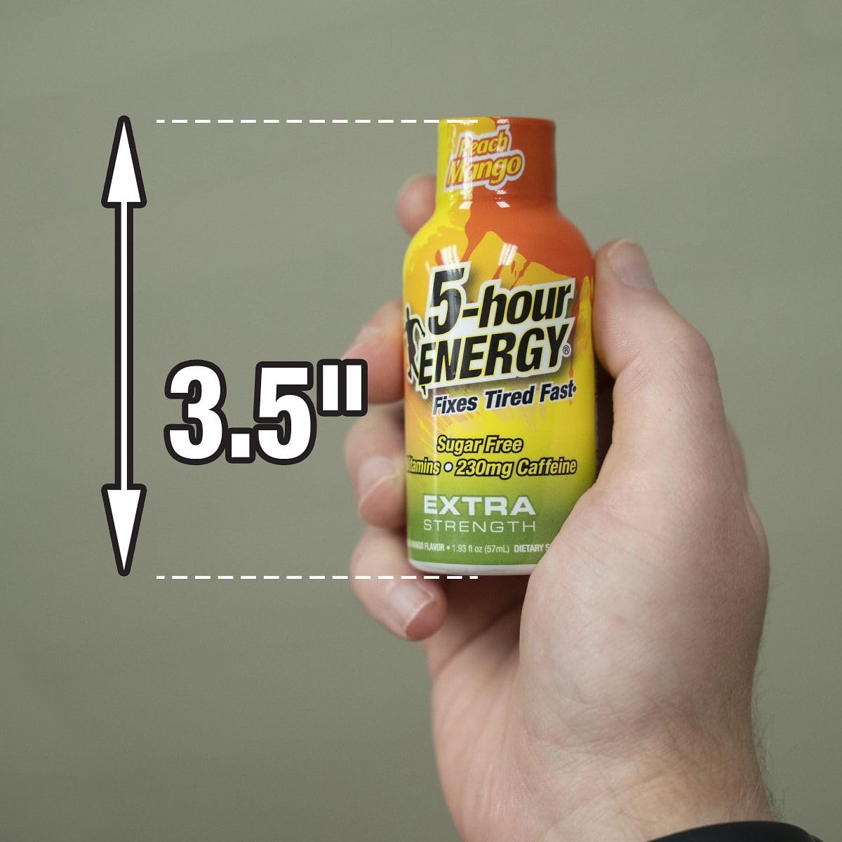 Five-hour Energy Peach Mango label communicates zero calories and sugar-free flavor.