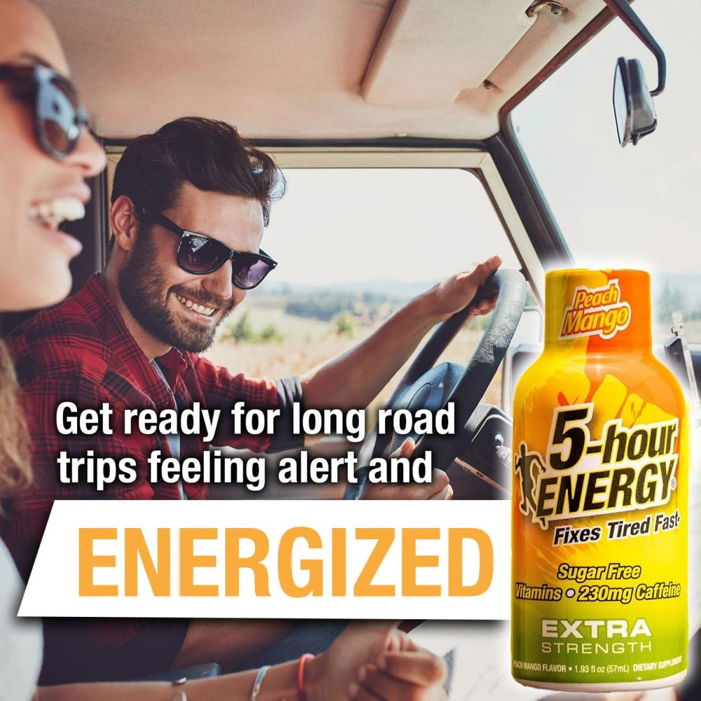 Five-hour Energy Peach Mango packaging close-up shows B vitamins and amino acids for daily energy.