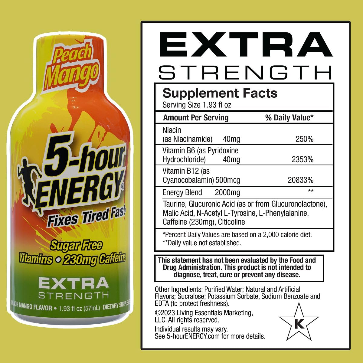 Five-hour Energy Peach Mango shot delivers a fast caffeine kick for on-the-go focus.