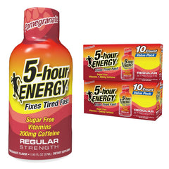 Five-hour ENERGY Regular Strength Pomegranate bottle offers a sugar-free lift for busy mornings.