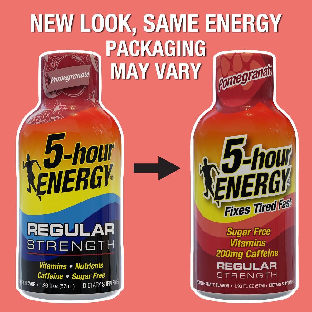 Five-hour ENERGY Regular Strength Pomegranate flavor close-up suggests vibrant taste without sugar rush.
