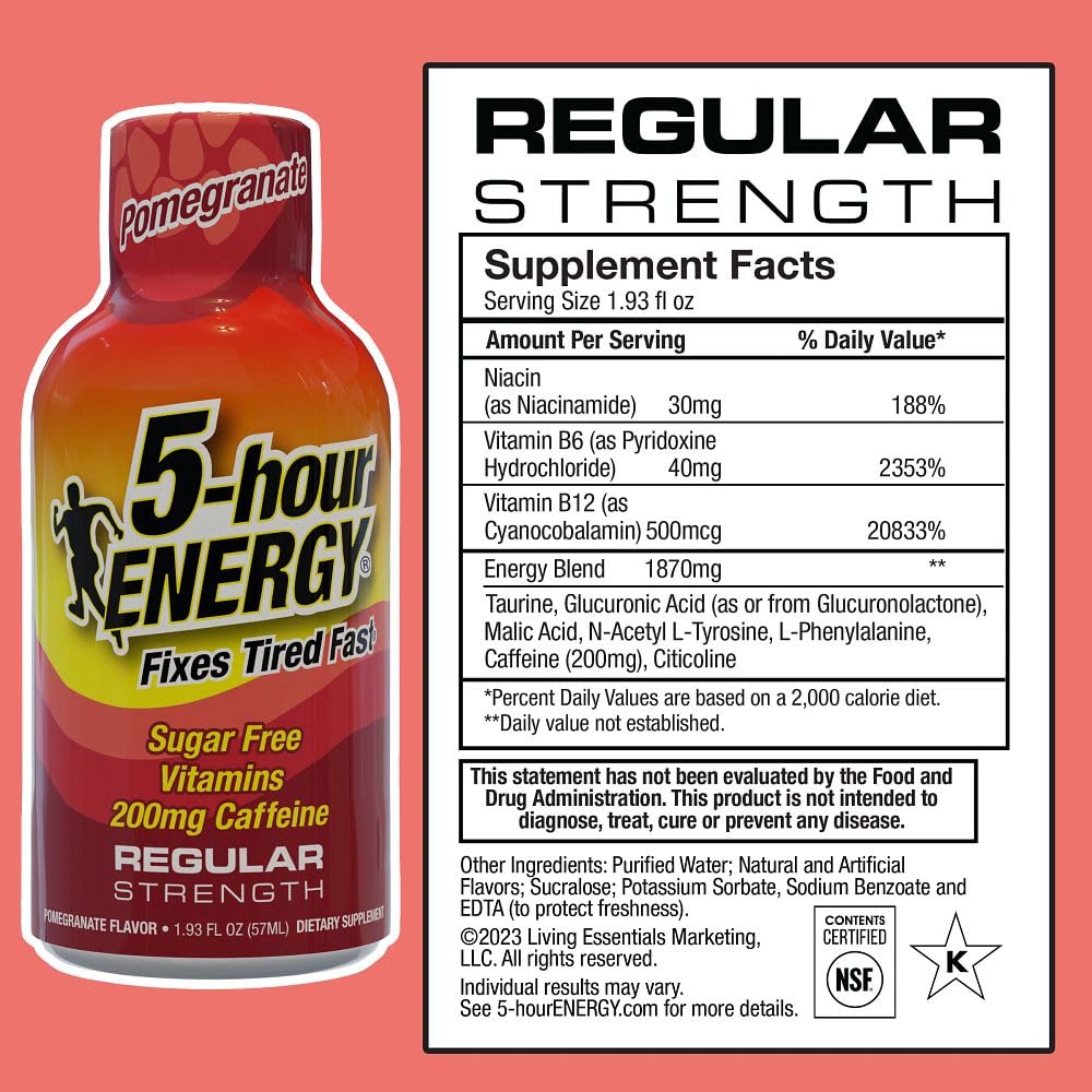 Five-hour ENERGY Regular Strength Pomegranate label close-up highlights flavor and zero-calorie commitment.