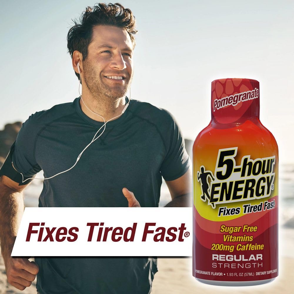 Five-hour ENERGY Regular Strength pour shot demonstrates quick energy in a convenient bottle.