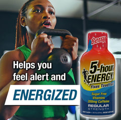 Pouring Five-hour ENERGY regular-strength shot showing fast caffeine boost.