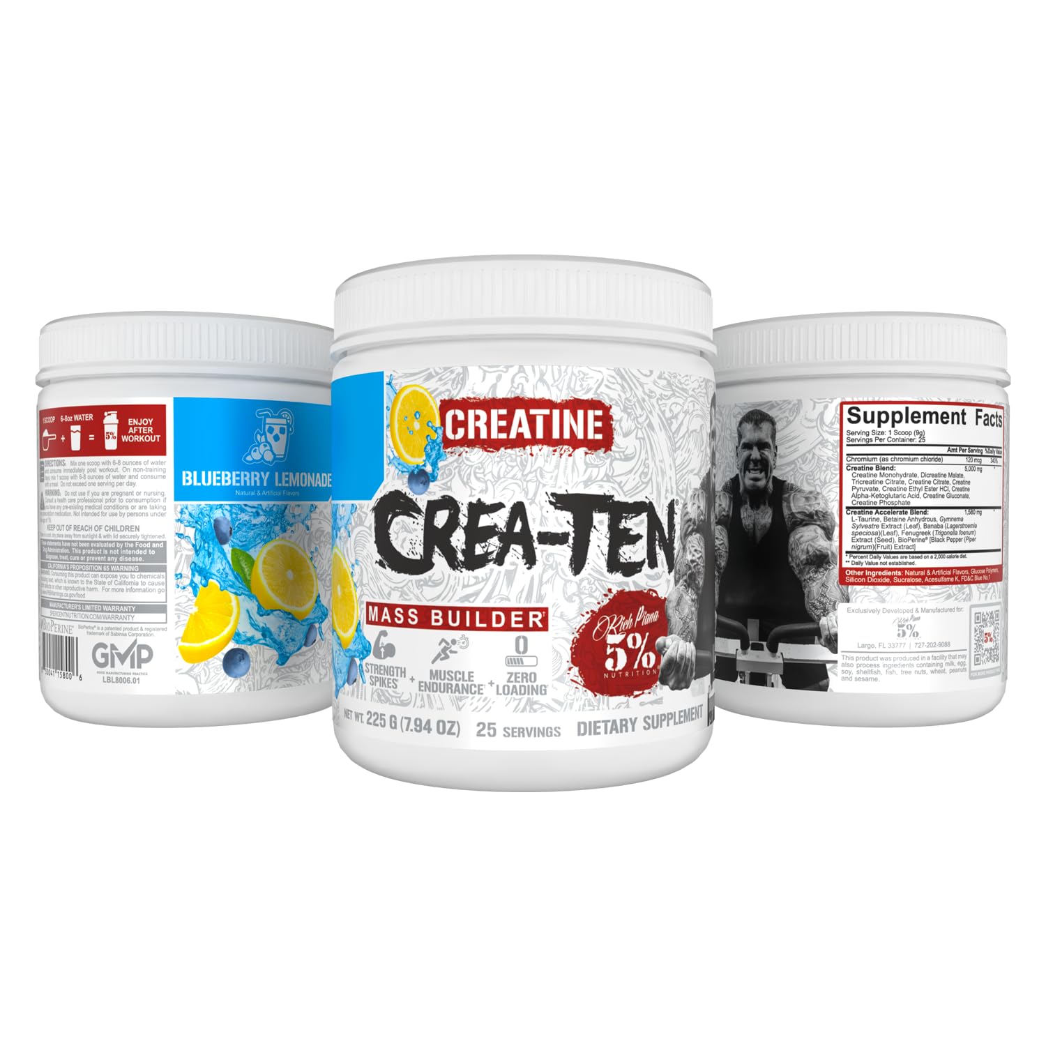 Five Percent Nutrition CreaTEN ingredients chart highlights the comprehensive creatine mix.