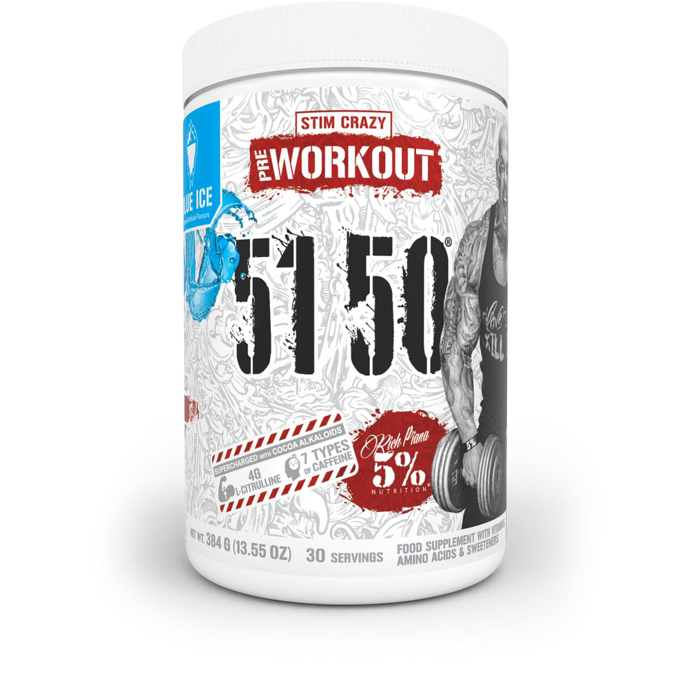 Five Percent Nutrition Rich Piana 5150 Blue Ice tub front shows high-energy pre-workout for intense sessions.