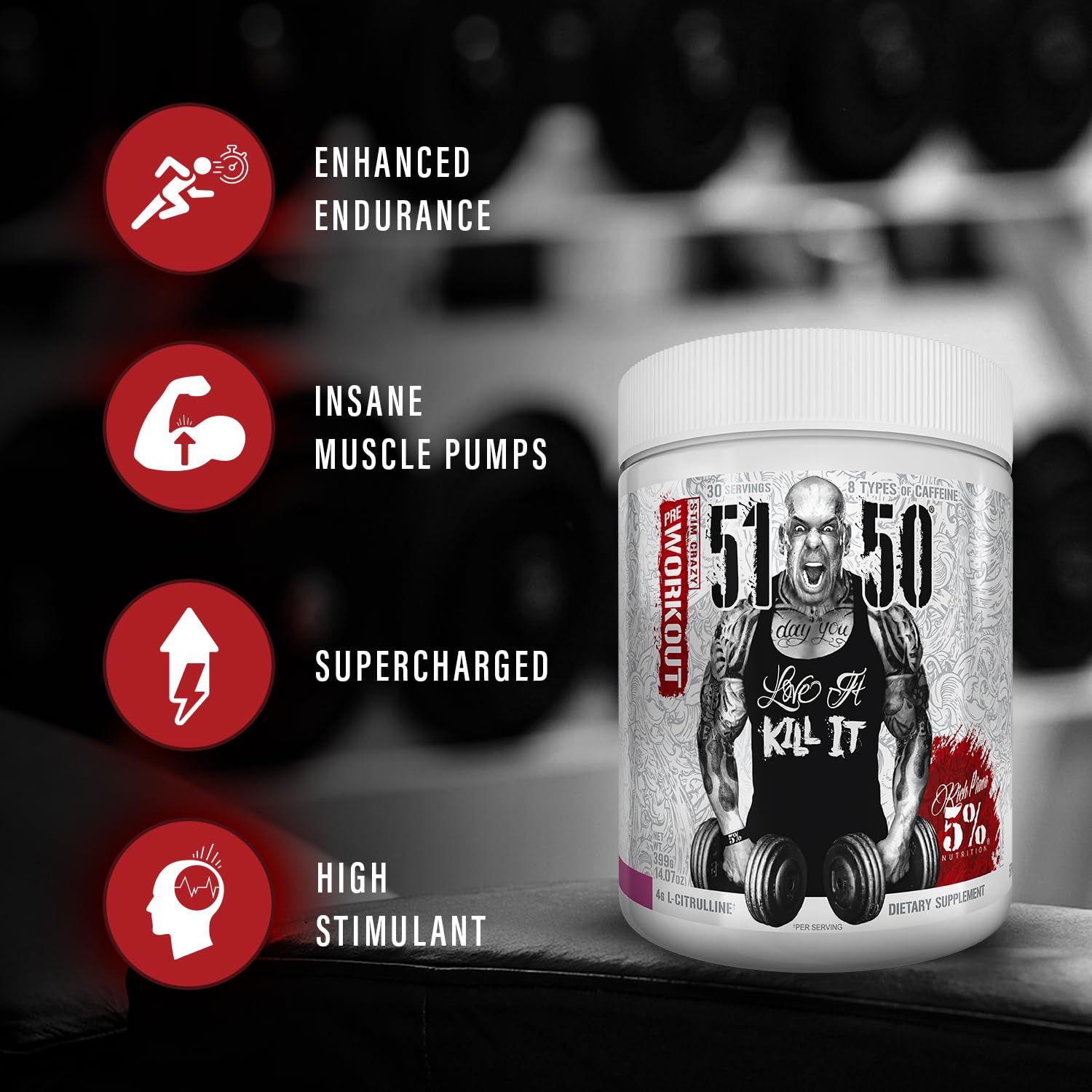 Five Percent Nutrition Rich Piana 5150 caffeine complex graphic illustrates jitter-free energy potential.