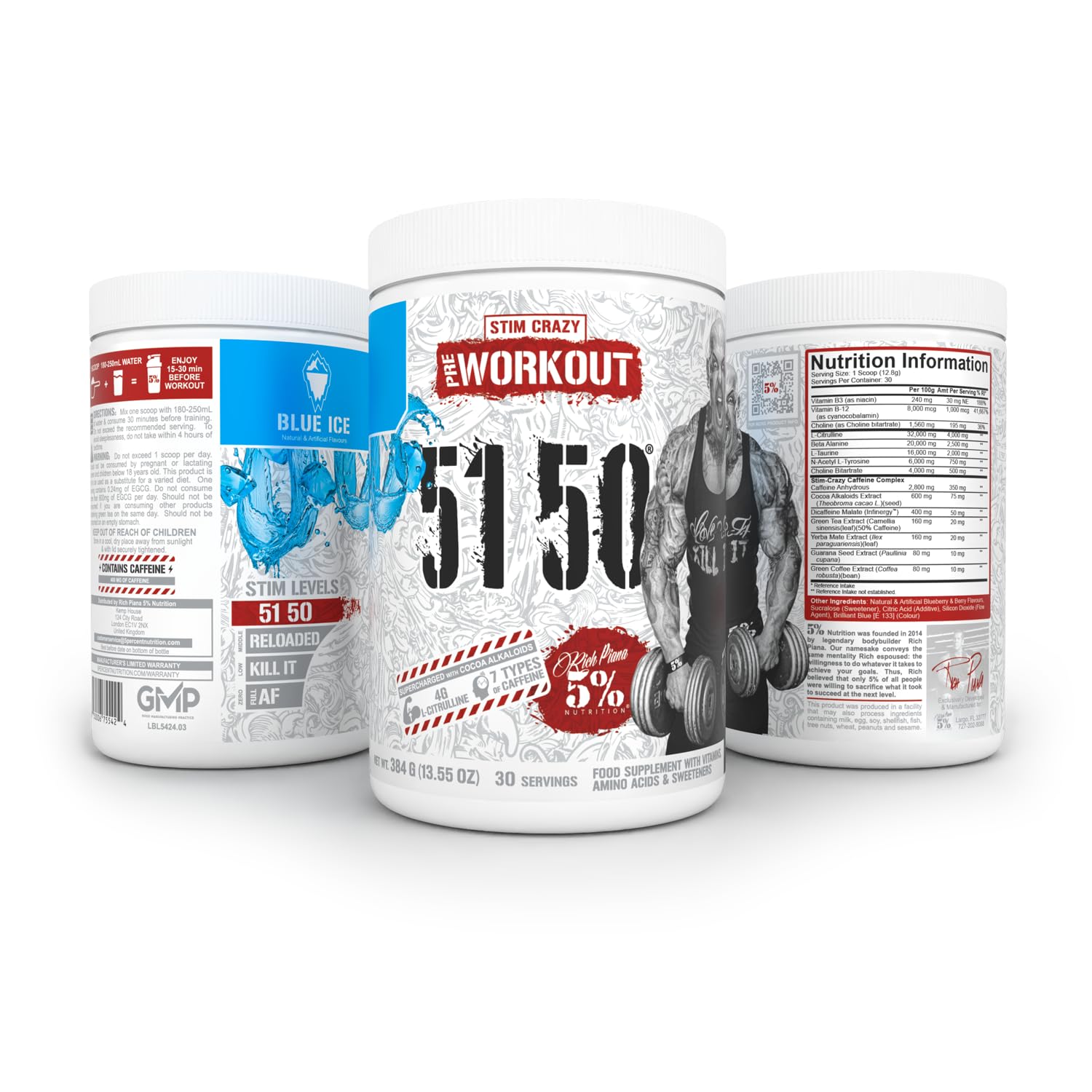 Five Percent Nutrition Rich Piana 5150 Pink Lemonade flavor image highlights tasty pre-workout option.