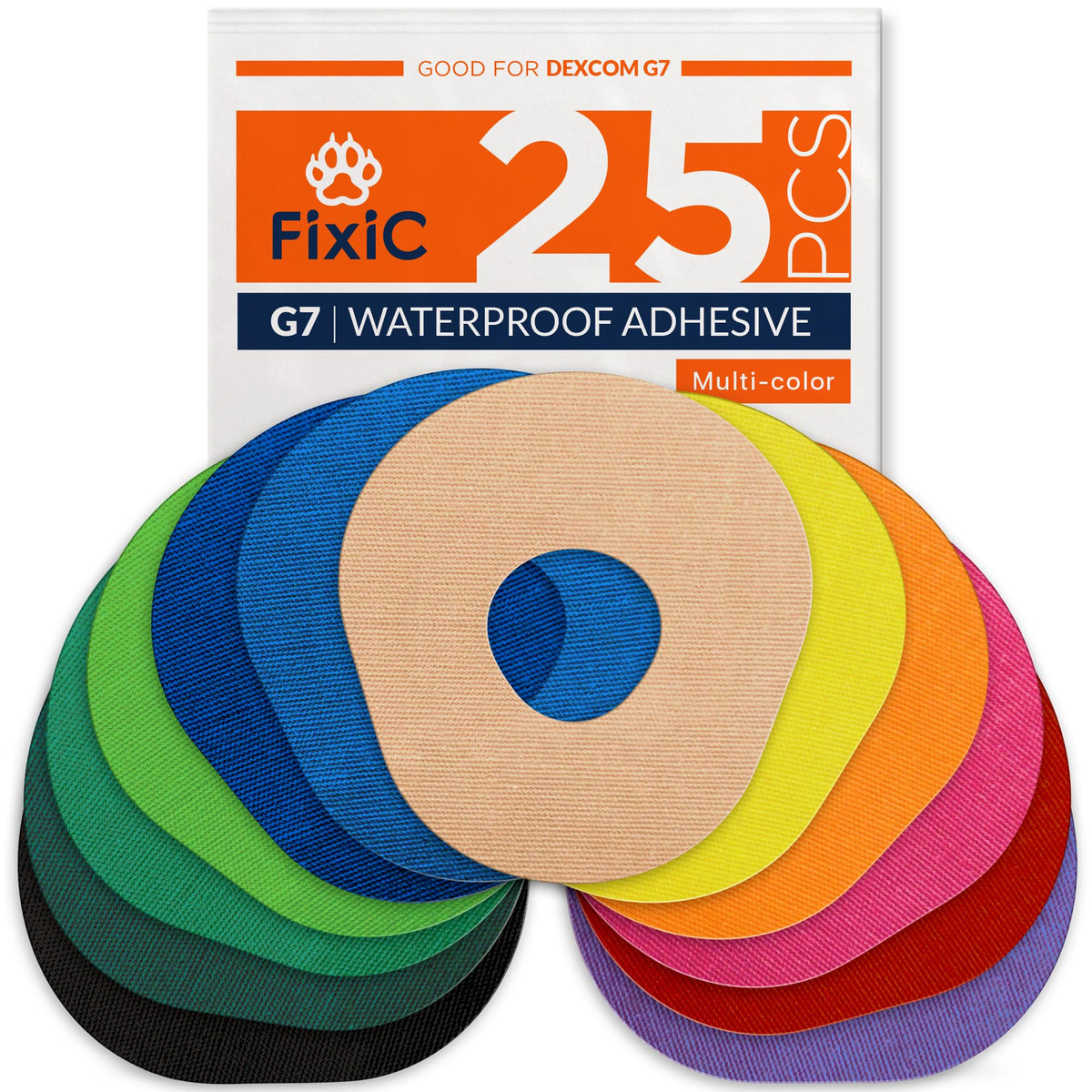 FixiC adhesive patches for Dexcom G7 and Stelo in a multi-color pack