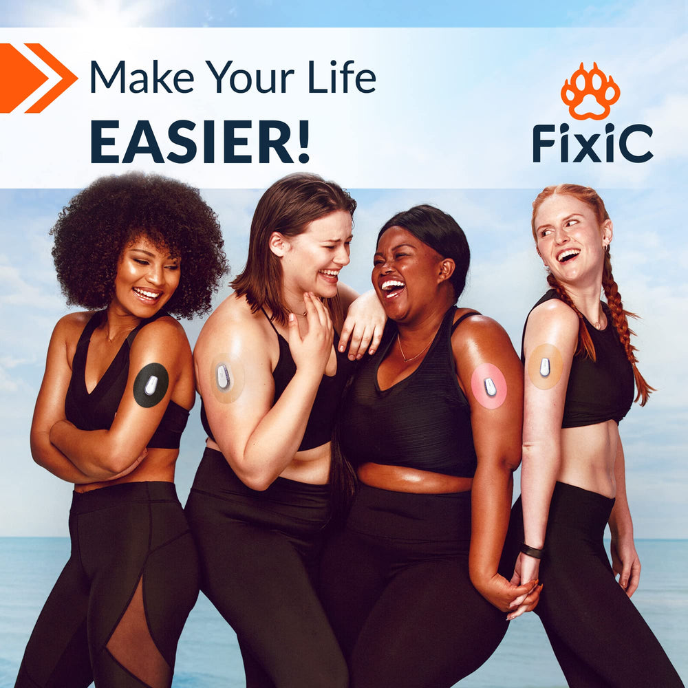 FixiC Dexcom G6 patch turquoise showing waterproof, long wear benefits.