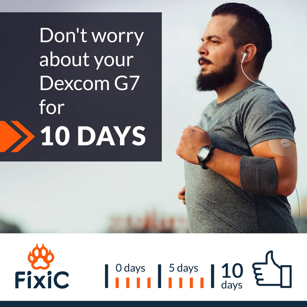 FixiC Dexcom G7 tan patch focused on long fixation during daily activities.