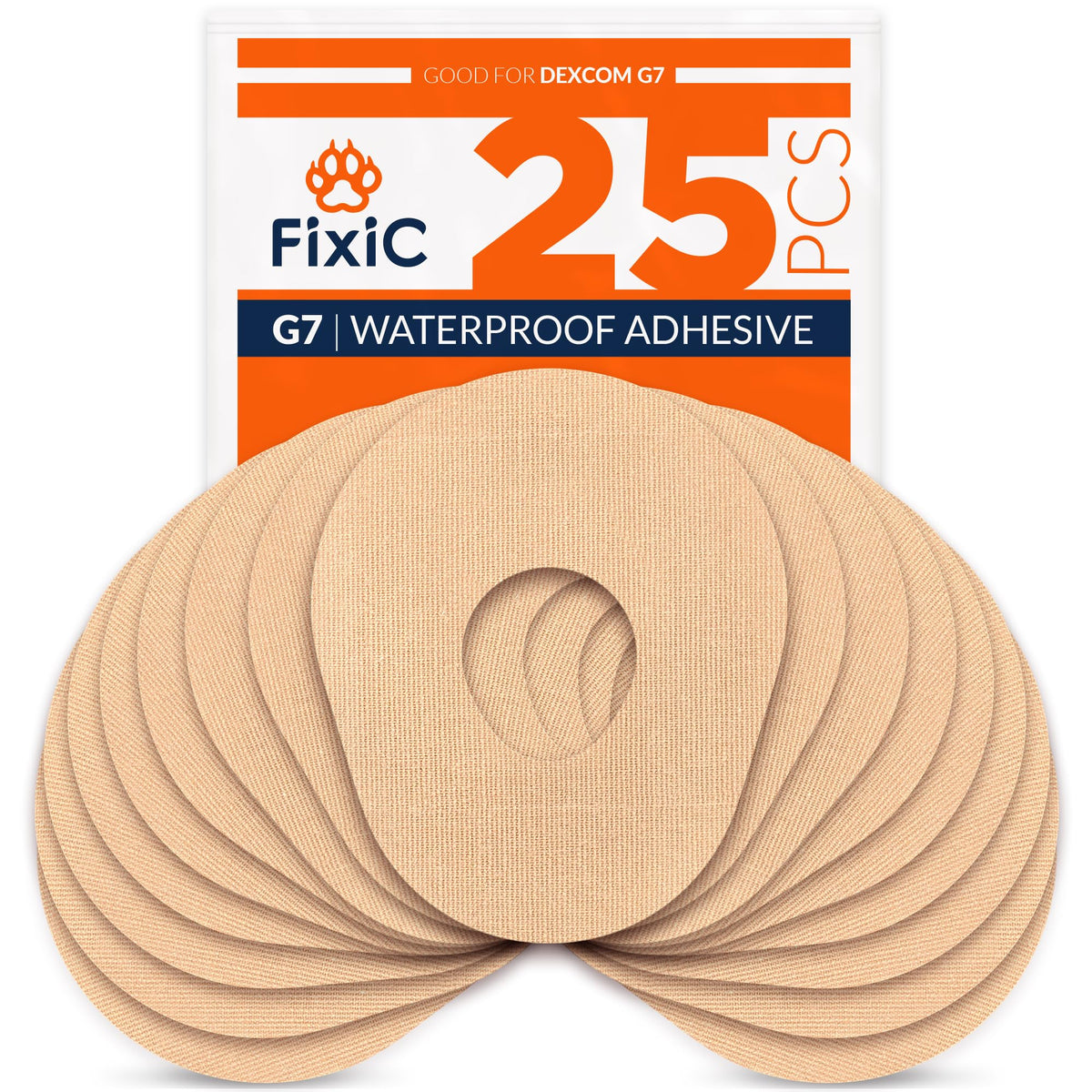 FixiC Dexcom G7 tan waterproof adhesive patch for extended wear.