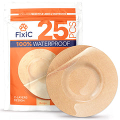 Fixic Freestyle adhesive patch pack close-up showing secure sensor hold.