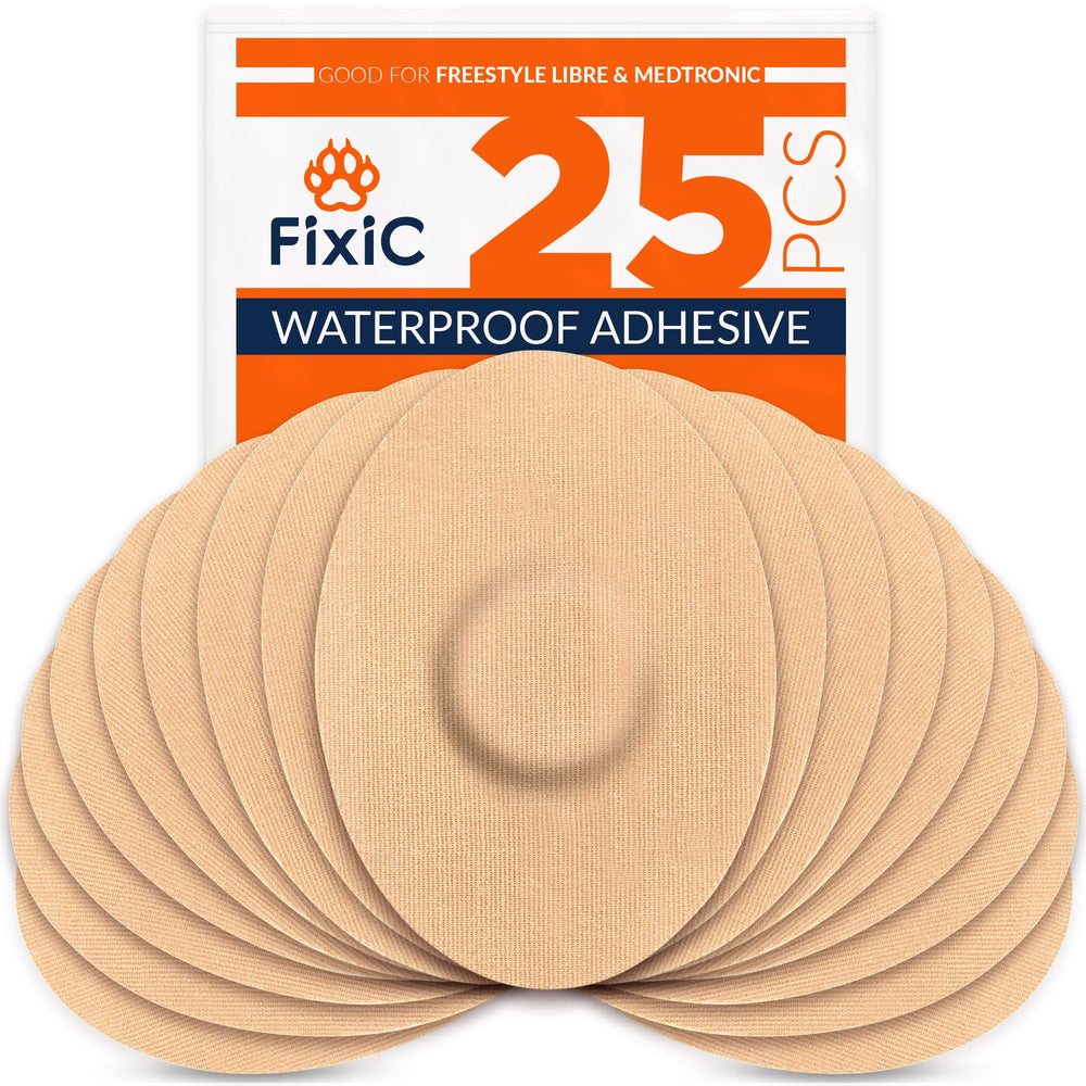 Fixic Freestyle patches tan pack secures Libre sensors during daily activities.