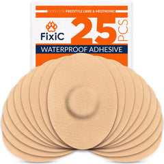 Fixic Freestyle patches tan pack secures Libre sensors during daily activities.