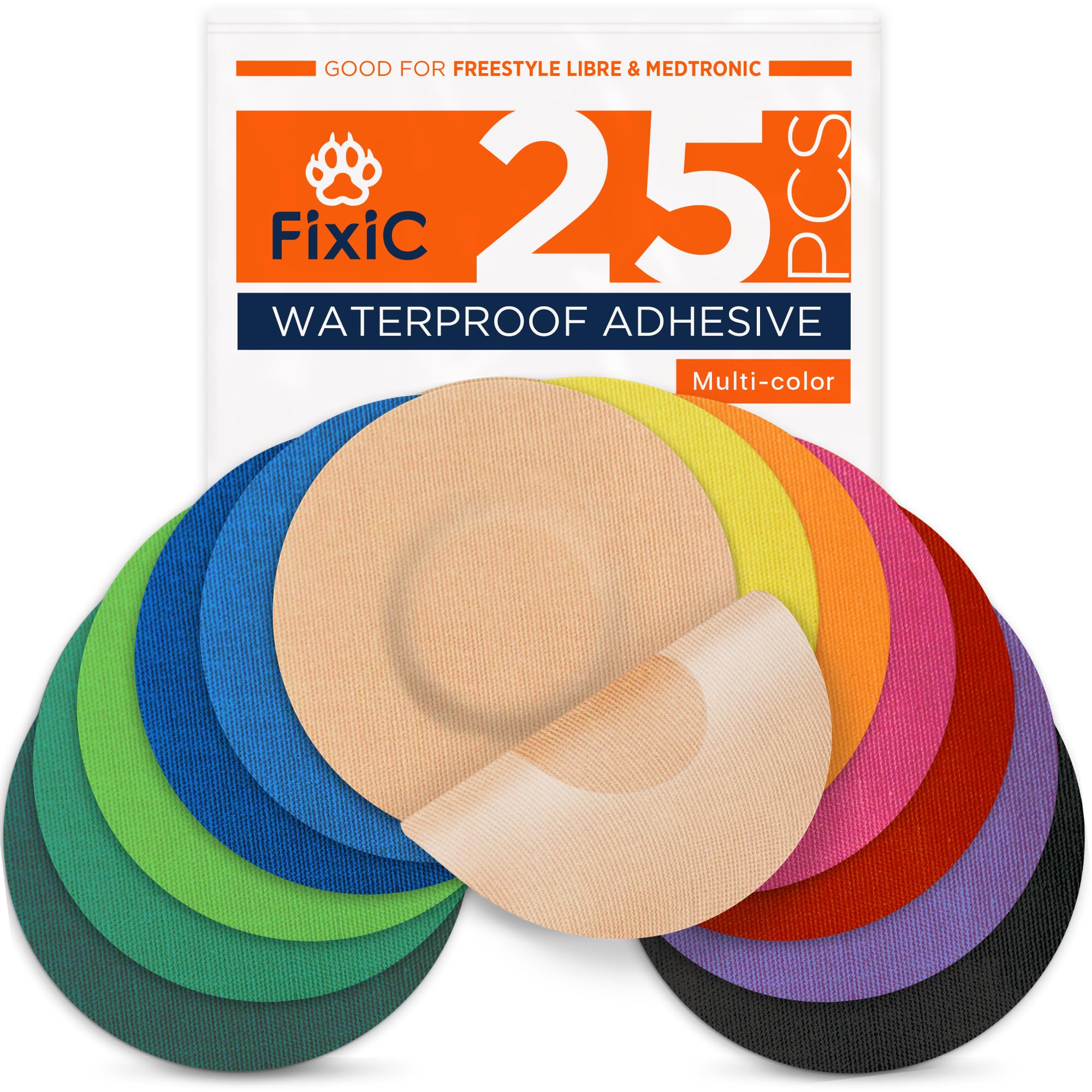 Fixic Freestyle patch packaging front showing product and hold features for Libre and Guardian sensors