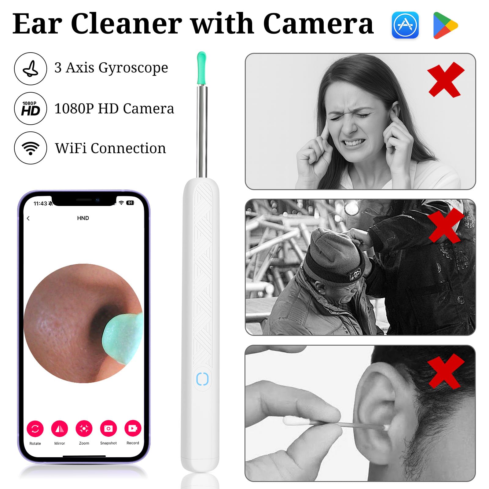 Fjordiony ear scoop with LED lights illuminates the canal for safer cleaning.