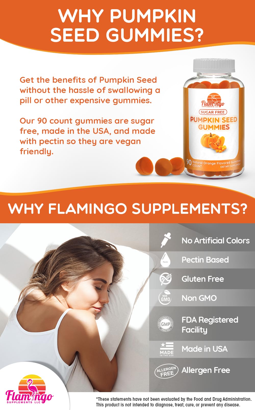 Flamingo Pumpkin Seed Oil Gummies bottle on shelf, vegan and non-GMO