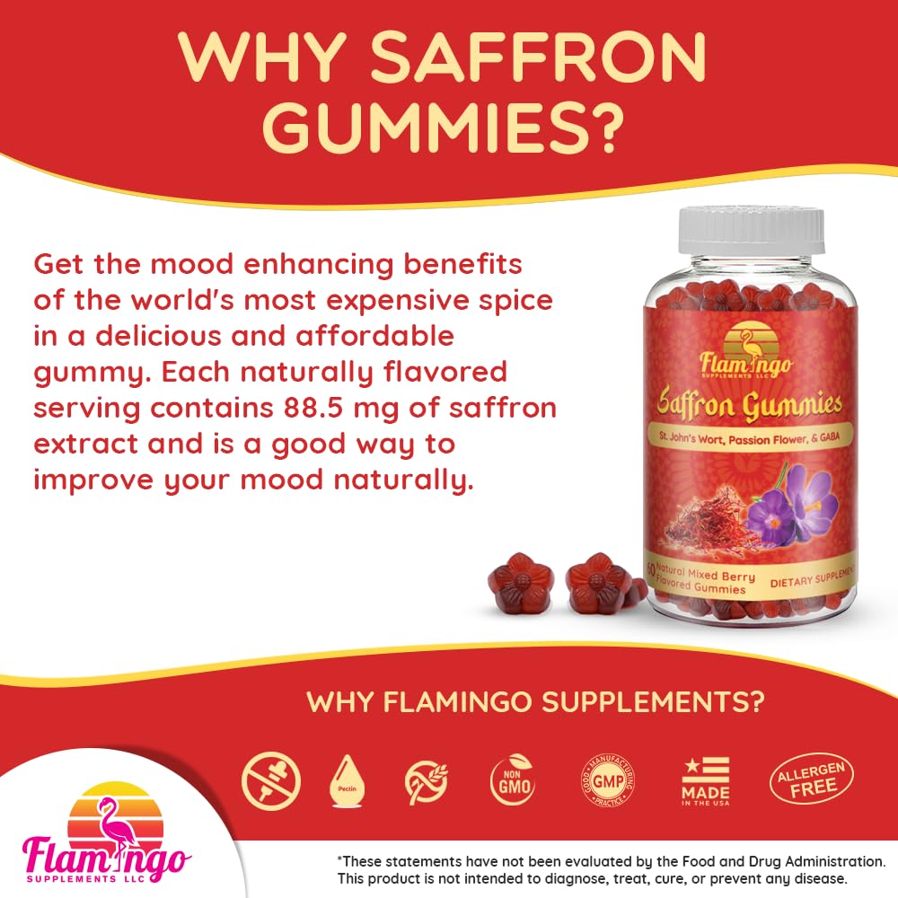 Flamingo Saffron Gummies premium ingredients label close-up.