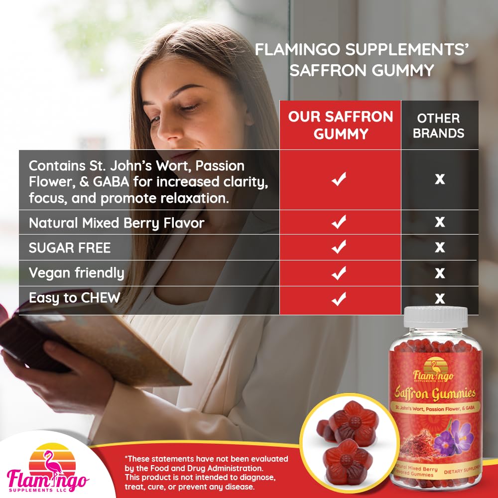 Flamingo Saffron Gummies vegan sugar-free packet showcasing ingredients.