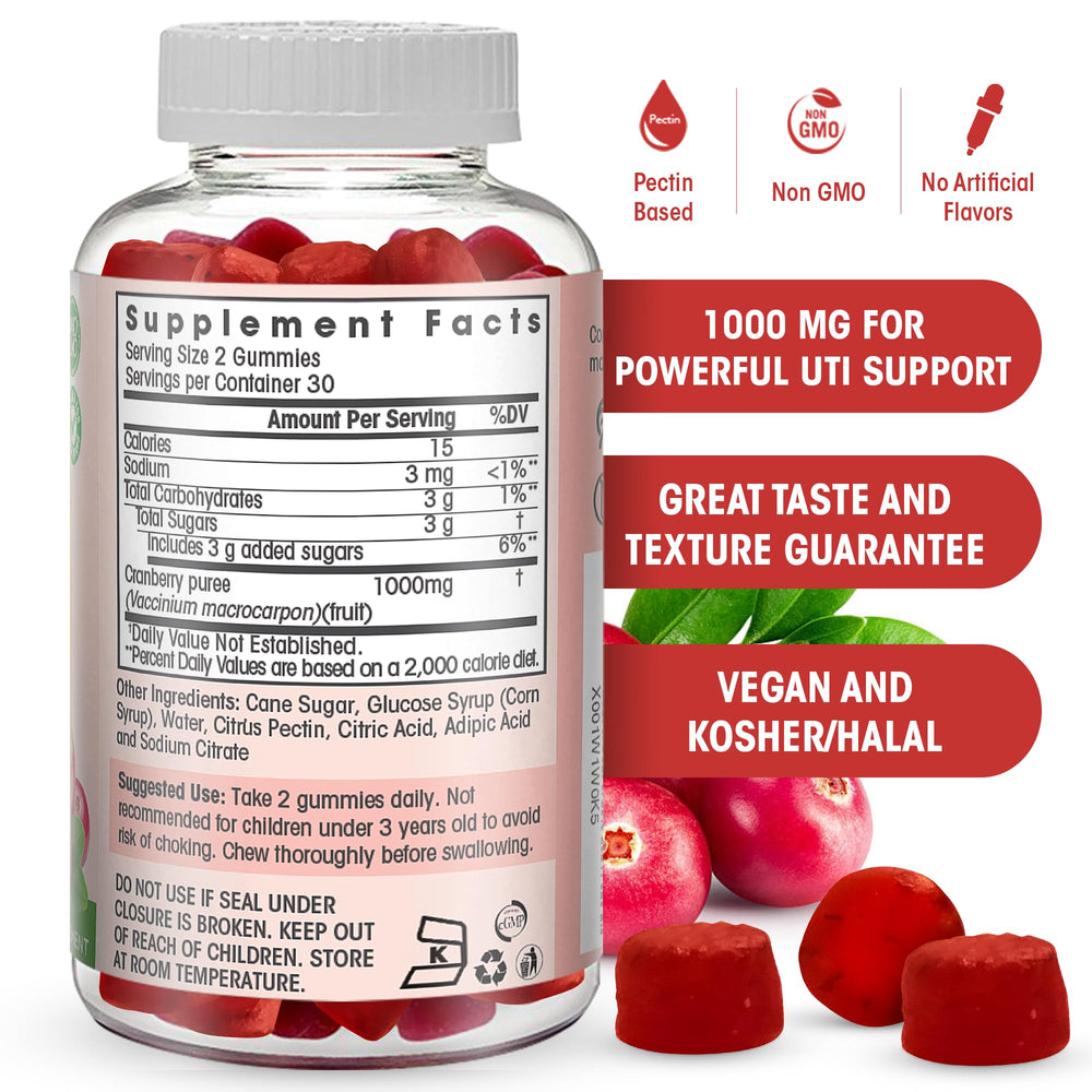 Ingredients panel shows cranberry extract and vegan, kosher, halal quality