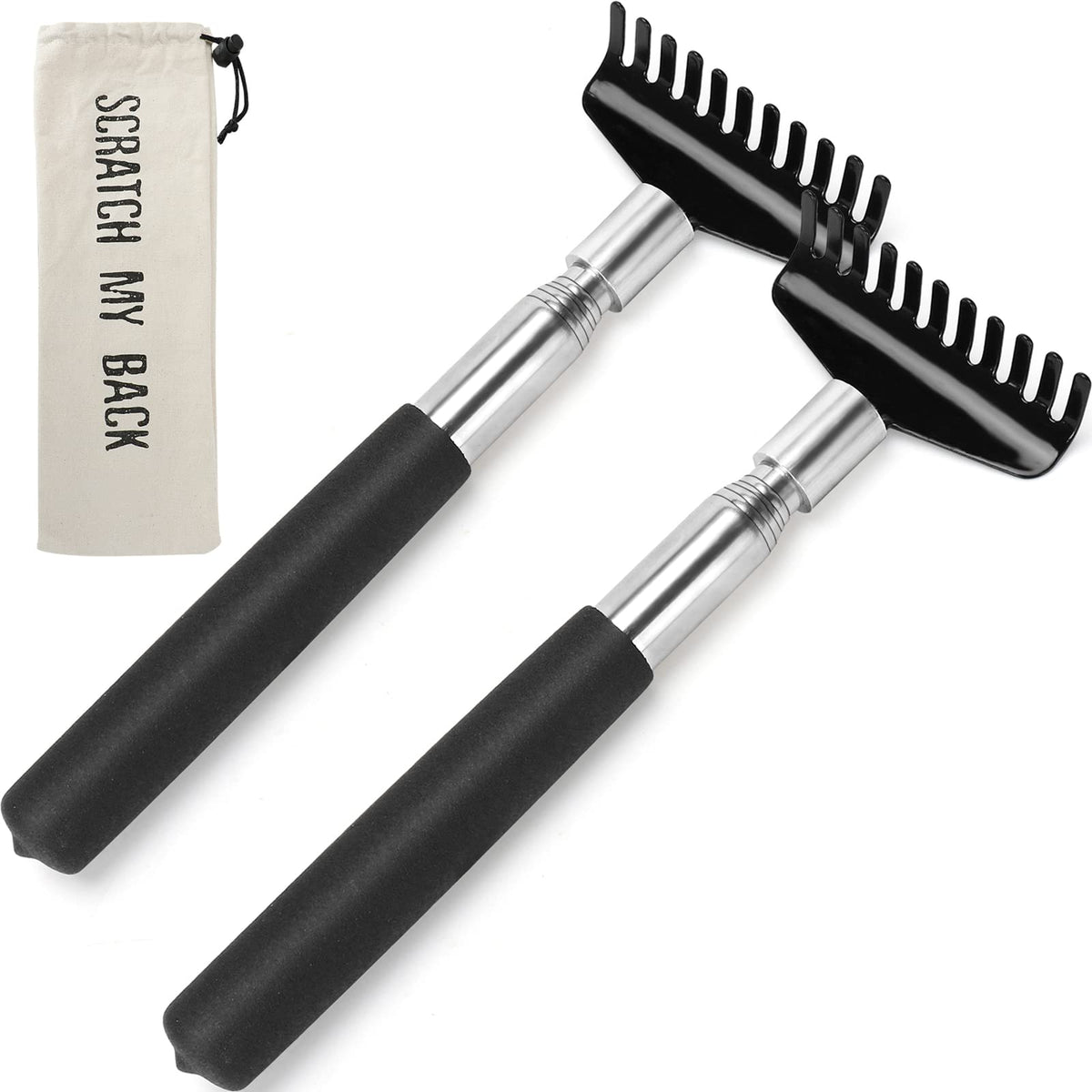 Flanker-L back scratcher with extended handle reaches hard spots for easier use.